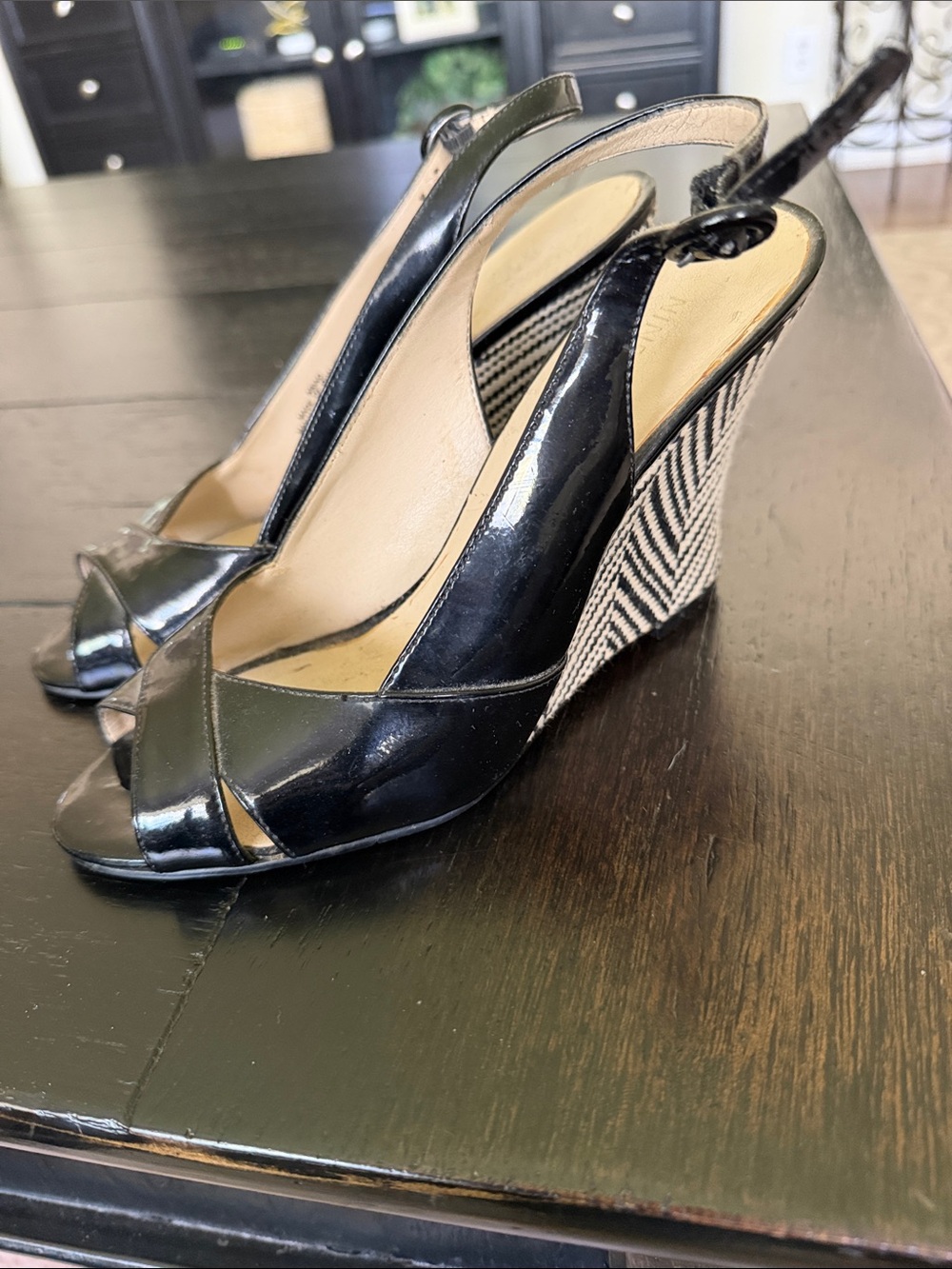 Nine West Black Patent Peep-Toe Slingback Wedges